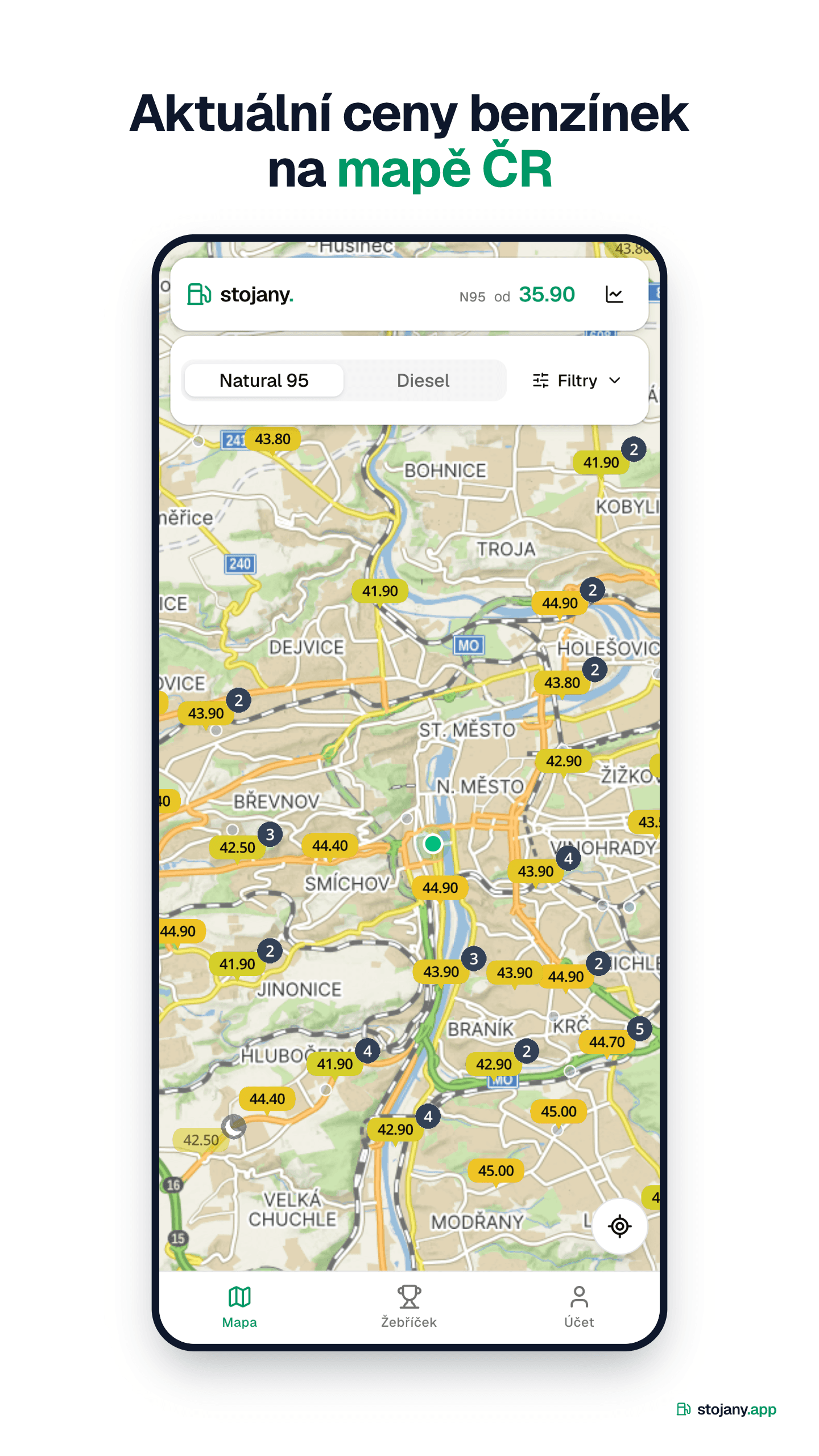 Aktuální ceny benzínek na mapě ČR